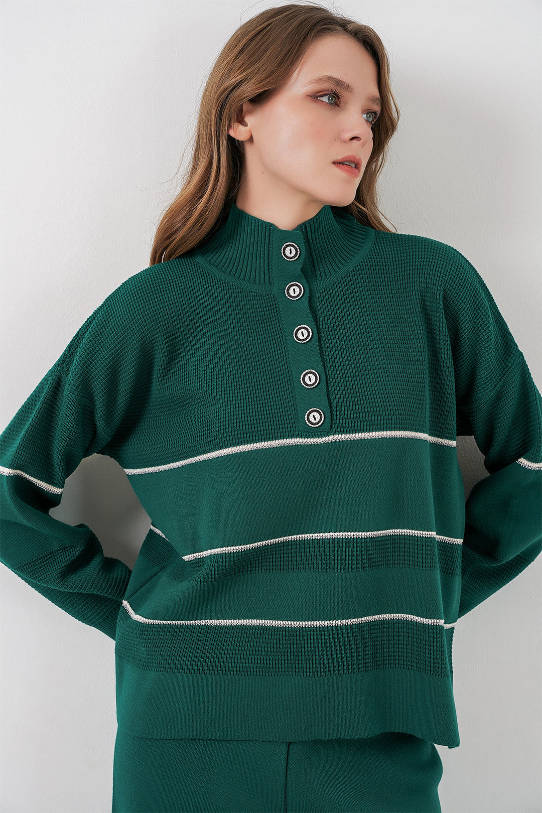 BGD Women Women's Striped Oversized Knitwear Set 15957 - Emerald Green - Elizabeth