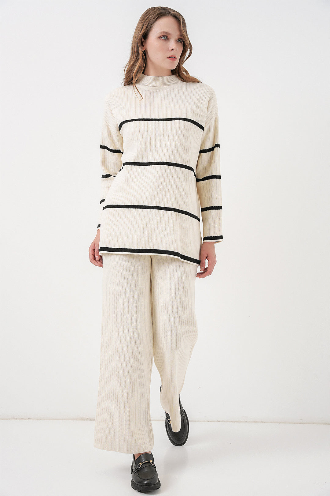 BGD Women Woman Striped Oversized Knitwear Set 15959 - Ecru - Rioverde
