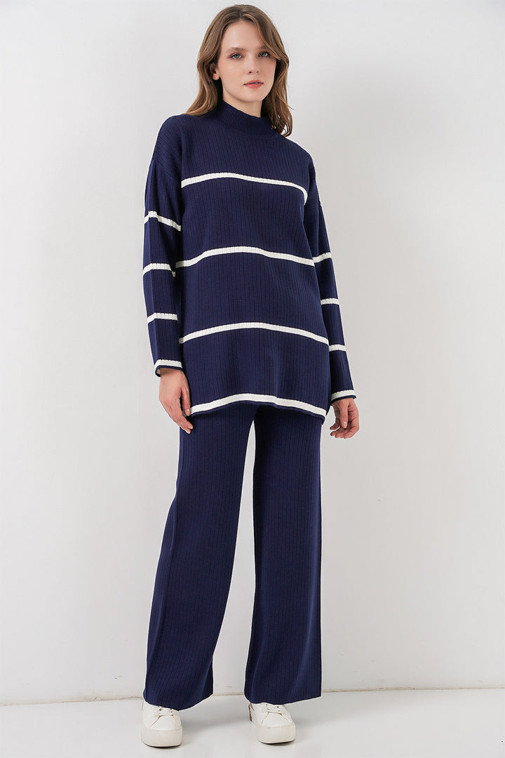 BGD Women Women's Striped Oversized Knitwear Set 15959 - Navy Blue - Orlando