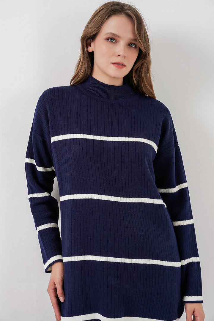 BGD Women Women's Striped Oversized Knitwear Set 15959 - Navy Blue - Orlando