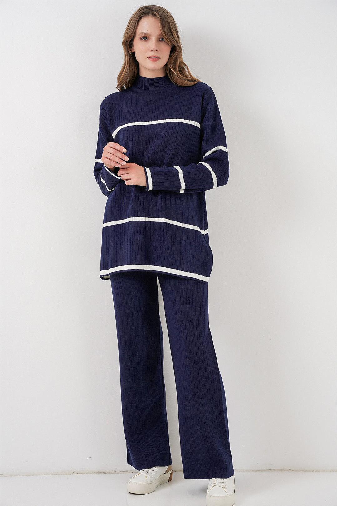 BGD Women Women's Striped Oversized Knitwear Set 15959 - Navy Blue - Orlando