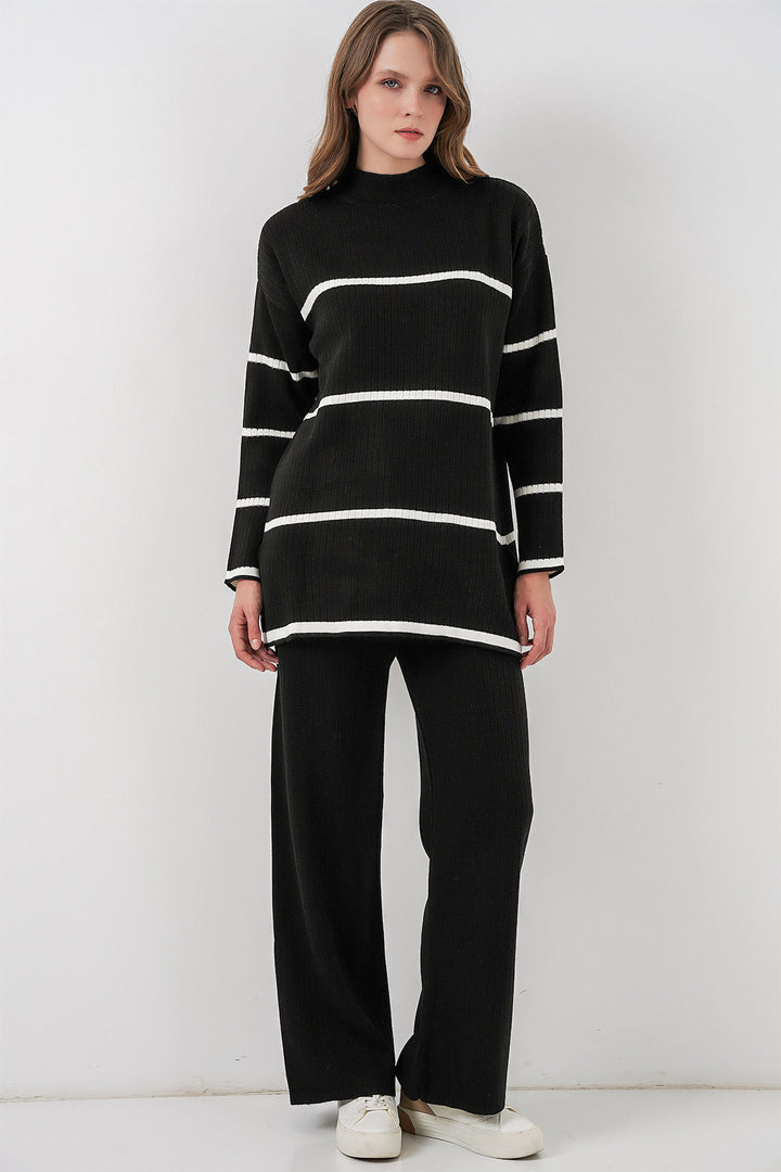 BGD Women Women's Striped Oversized Knitwear Set 15959 - Black - Ravenna