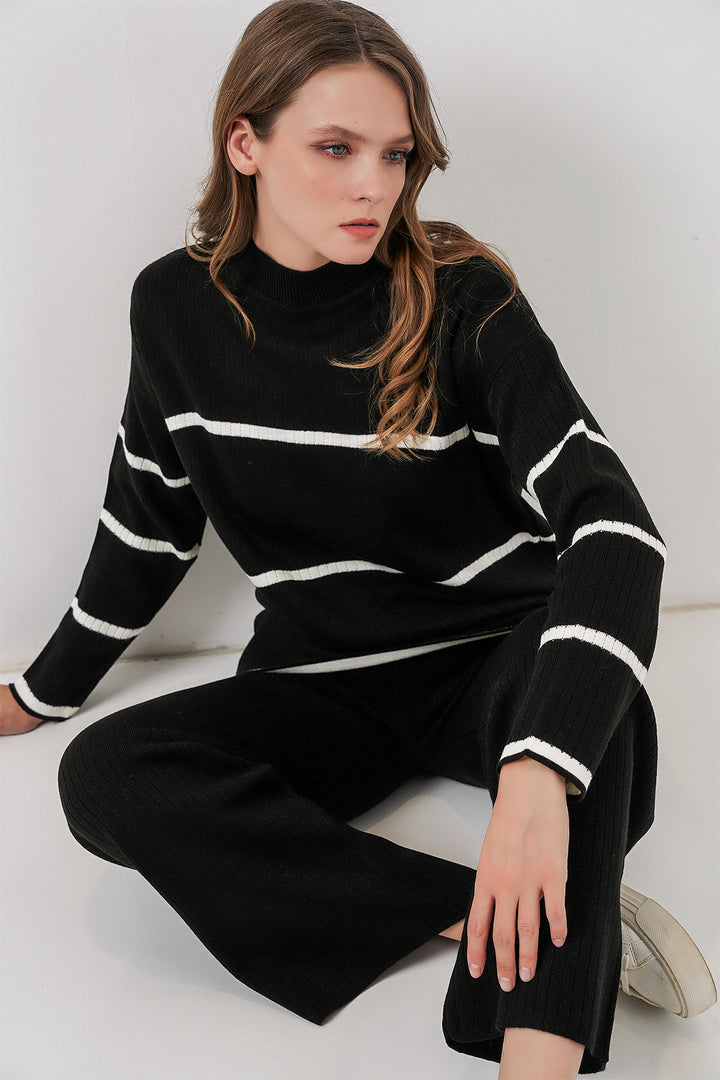 BGD Women Women's Striped Oversized Knitwear Set 15959 - Black - Ravenna