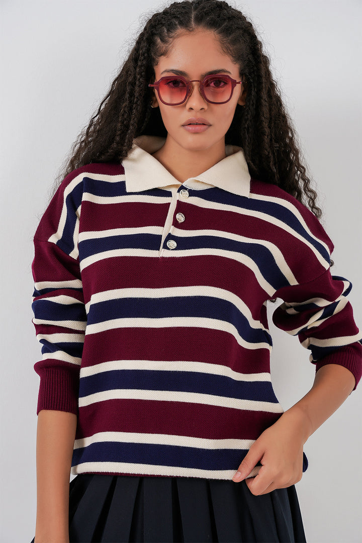 BGD Women Women's Striped Polo Neck Sweater 15952 - Burgundy - Brighton