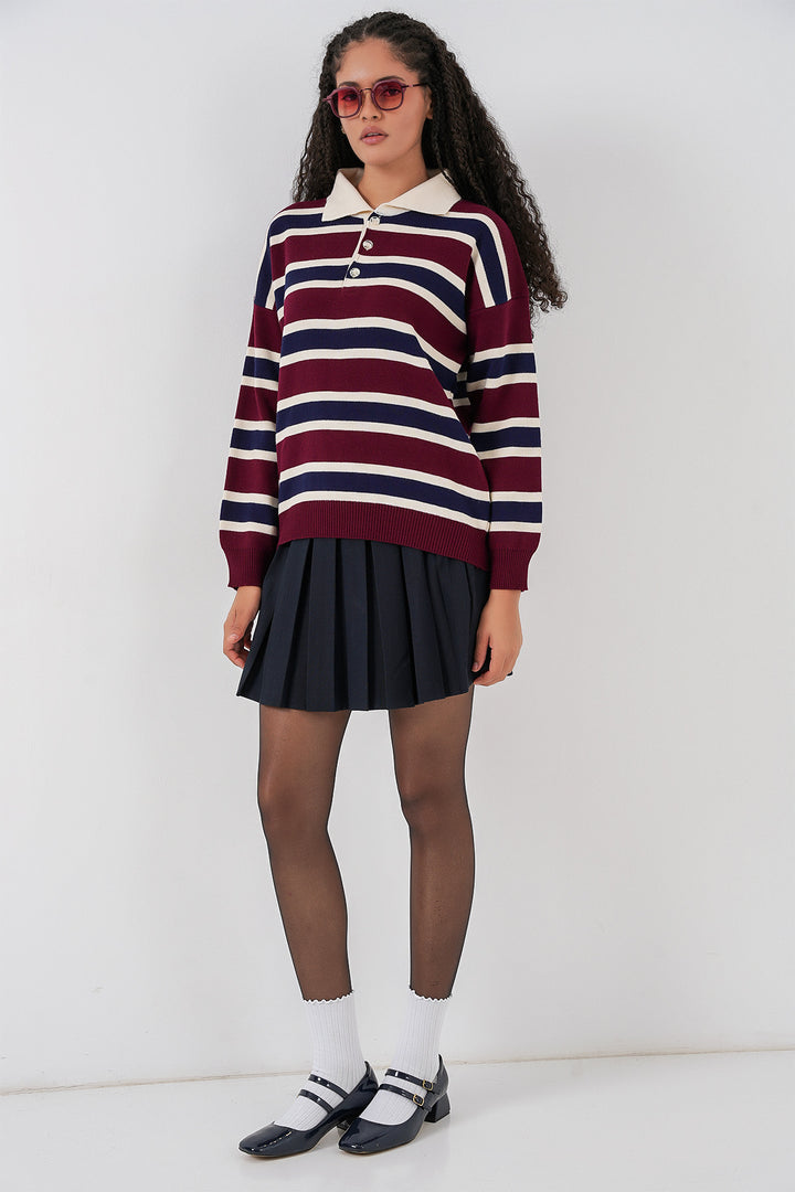 BGD Women Women's Striped Polo Neck Sweater 15952 - Burgundy - Brighton