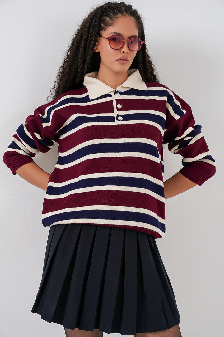 BGD Women Women's Striped Polo Neck Sweater 15952 - Burgundy - Brighton