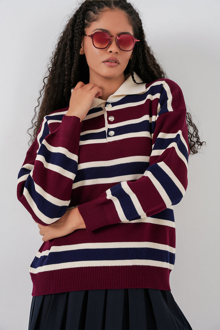 BGD Women Women's Striped Polo Neck Sweater 15952 - Burgundy - Brighton