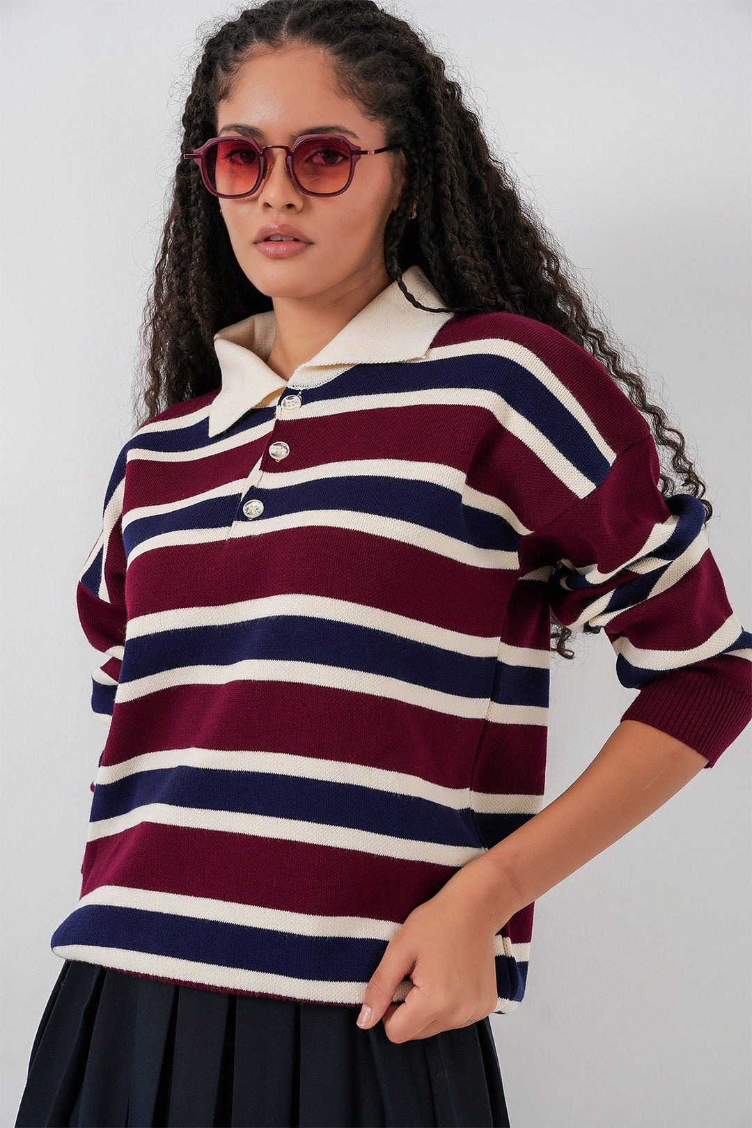 BGD Women Women's Striped Polo Neck Sweater 15952 - Burgundy - Brighton