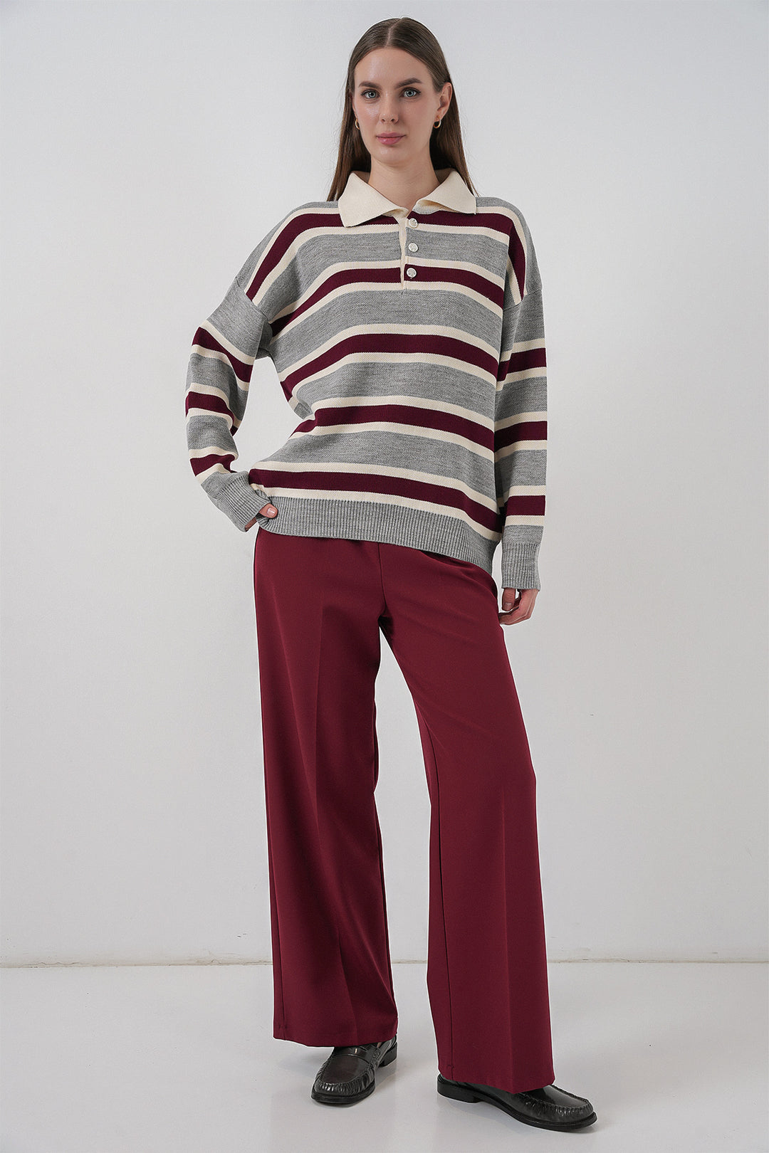 BGD Women Kadın Çizgili Polo Yaka Triko Kazak 15952 - Gri - Raalte