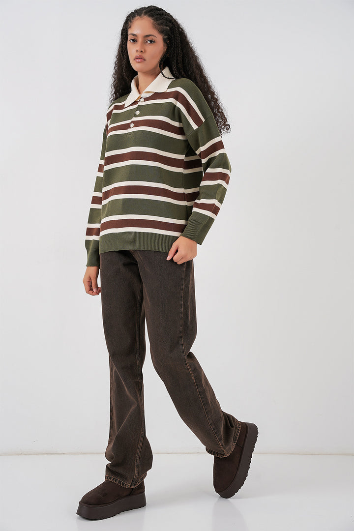 BGD Women Kadın Çizgili Polo Yaka Triko Kazak 15952 - Haki - Wunstorf