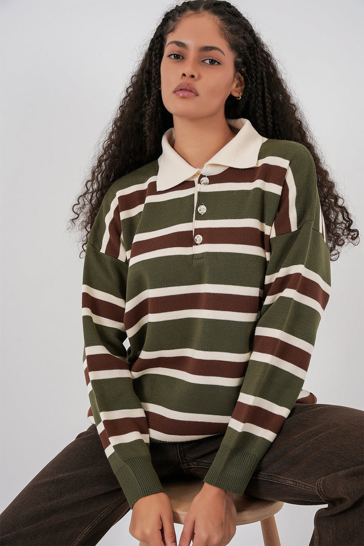 BGD Women Kadın Çizgili Polo Yaka Triko Kazak 15952 - Haki - Wunstorf