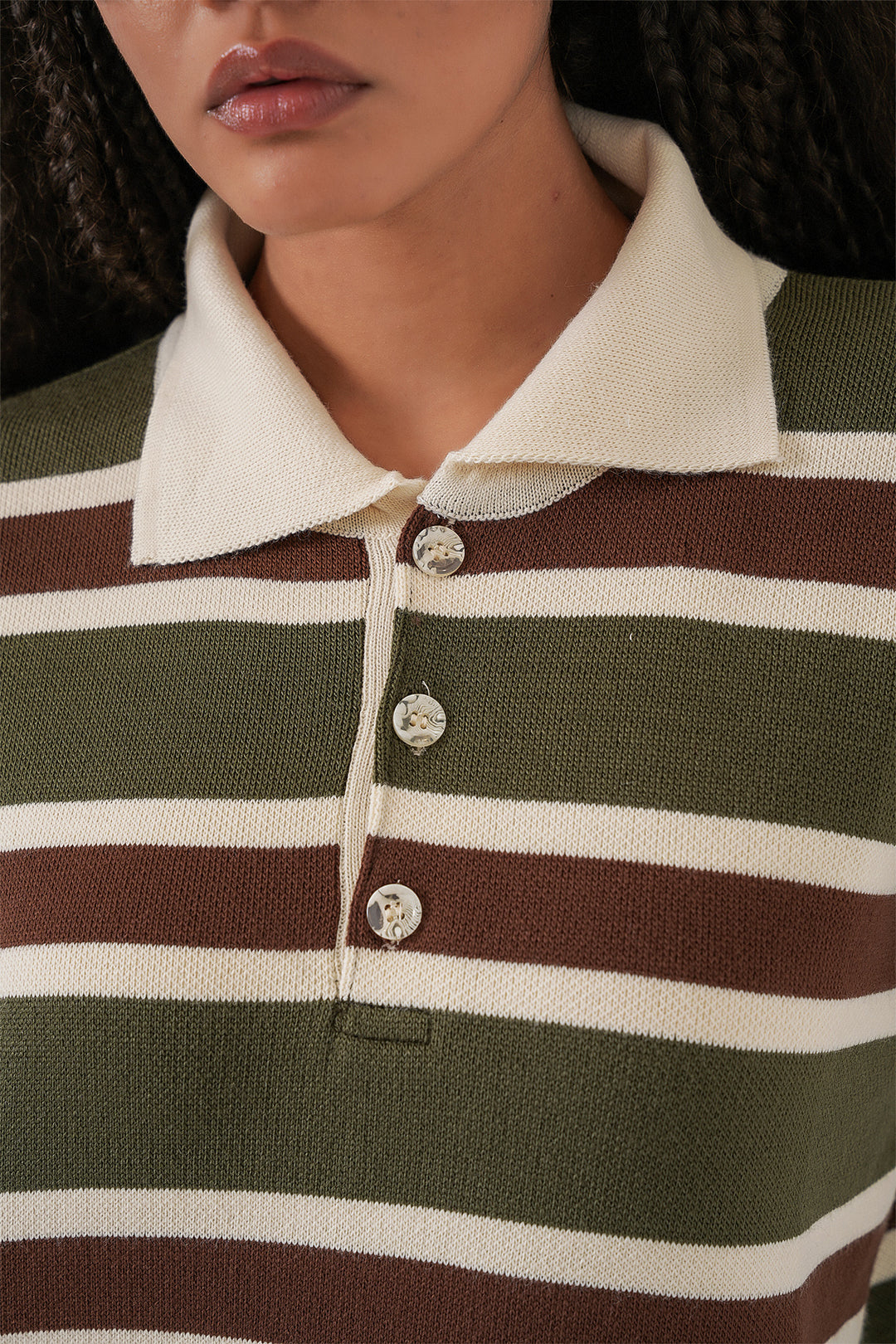 BGD Women Kadın Çizgili Polo Yaka Triko Kazak 15952 - Haki - Wunstorf