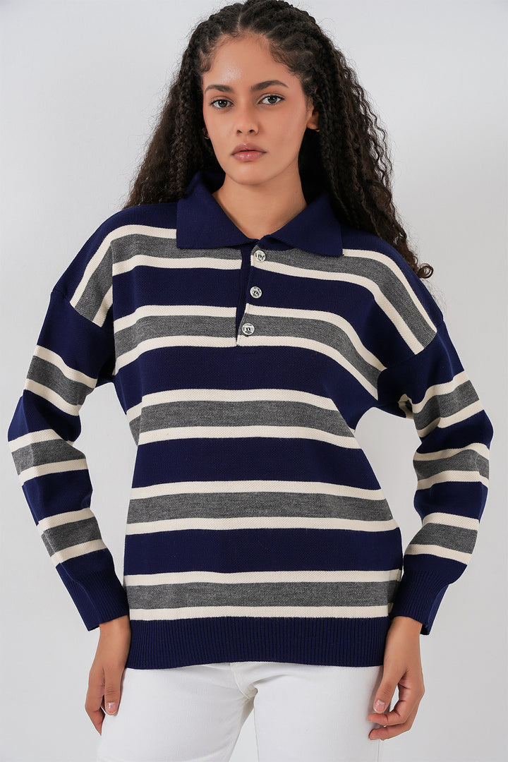 BGD Women Women's Striped Polo Neck Sweater 15952 - Navy Blue - Boynton Beach