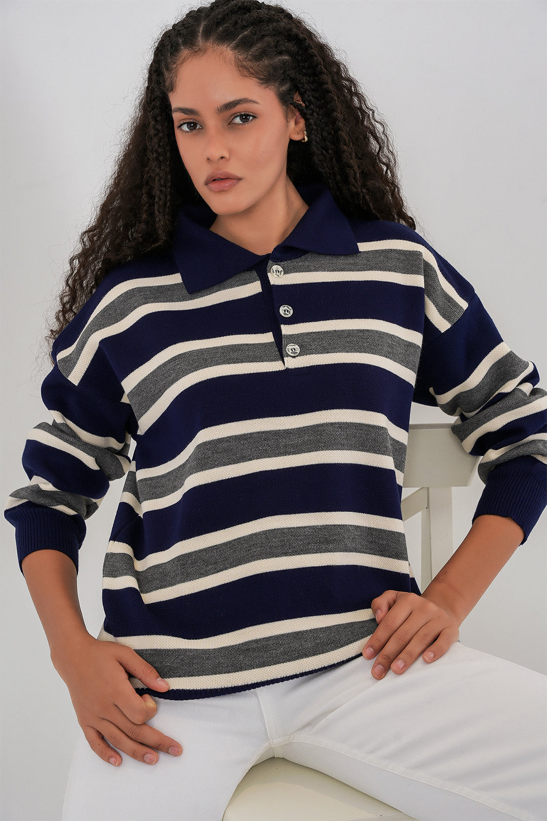 BGD Women Women's Striped Polo Neck Sweater 15952 - Navy Blue - Boynton Beach
