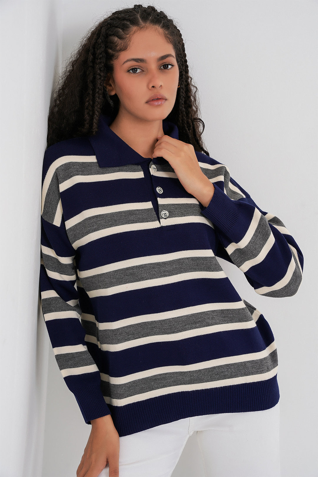 BGD Women Women's Striped Polo Neck Sweater 15952 - Navy Blue - Boynton Beach