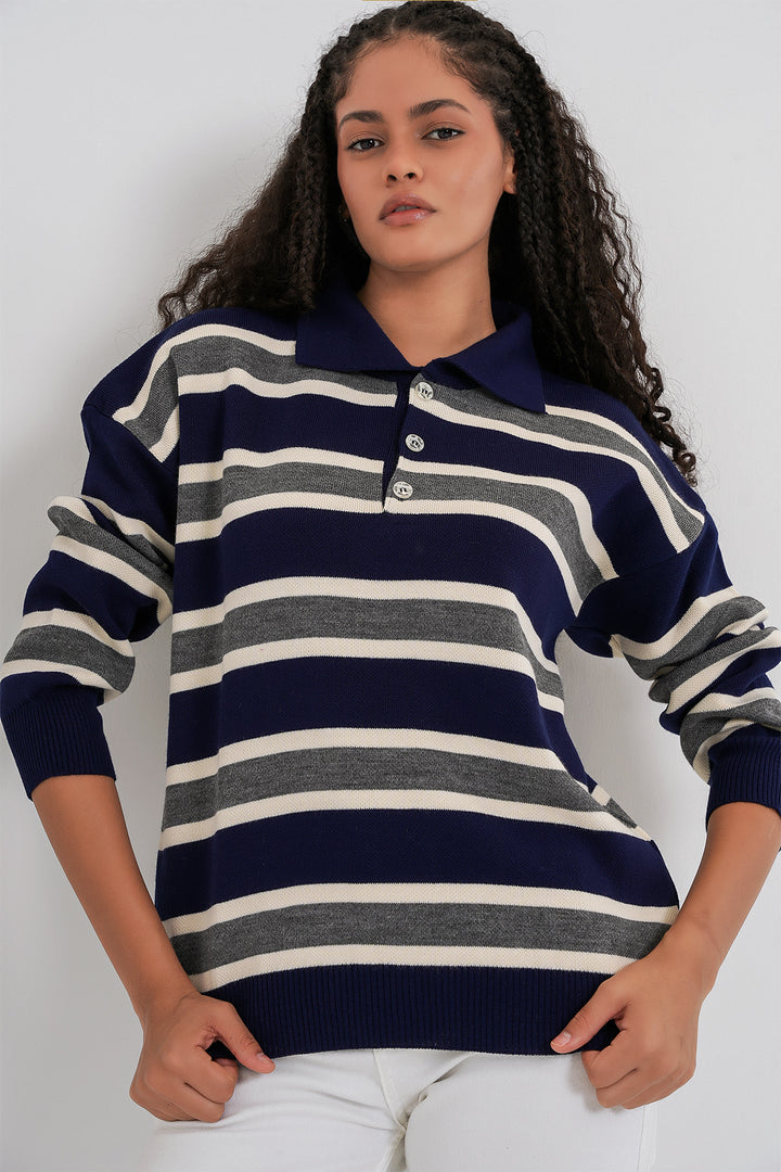 BGD Women Women's Striped Polo Neck Sweater 15952 - Navy Blue - Boynton Beach