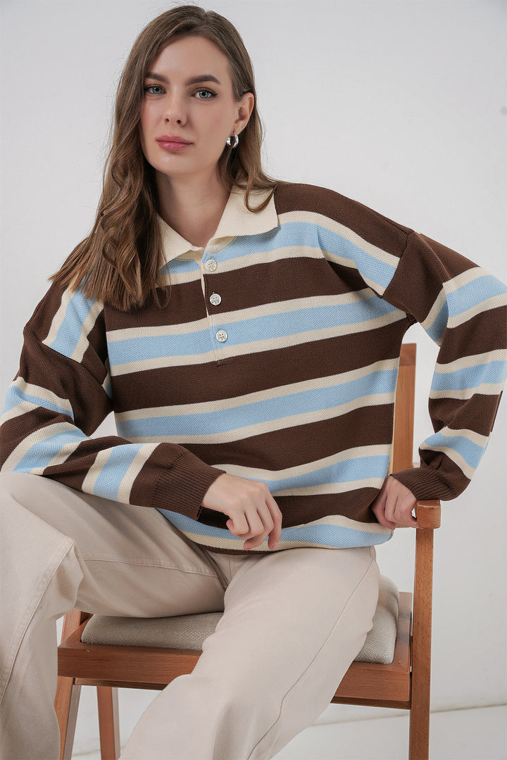 BGD Women Kadın Çizgili Polo Yaka Triko Kazak 15952 - Mavi - Gulfport
