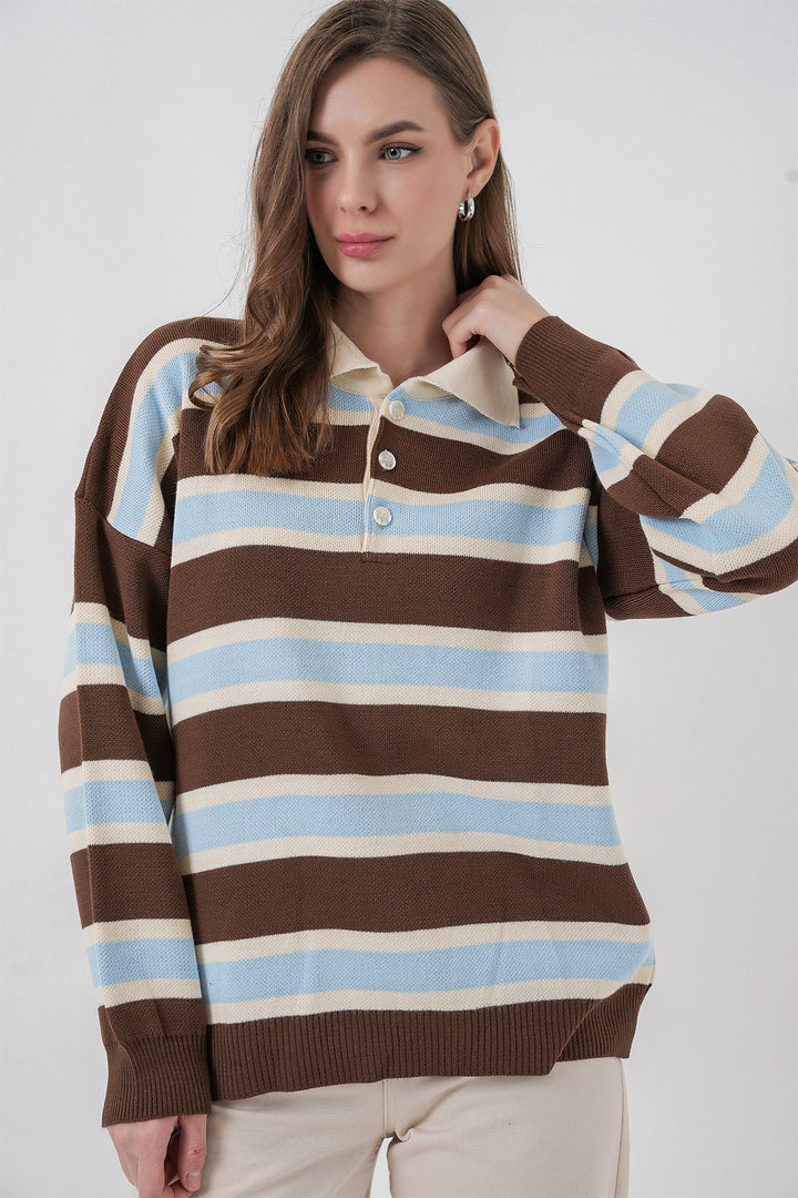 BGD Women Kadın Çizgili Polo Yaka Triko Kazak 15952 - Mavi - Gulfport