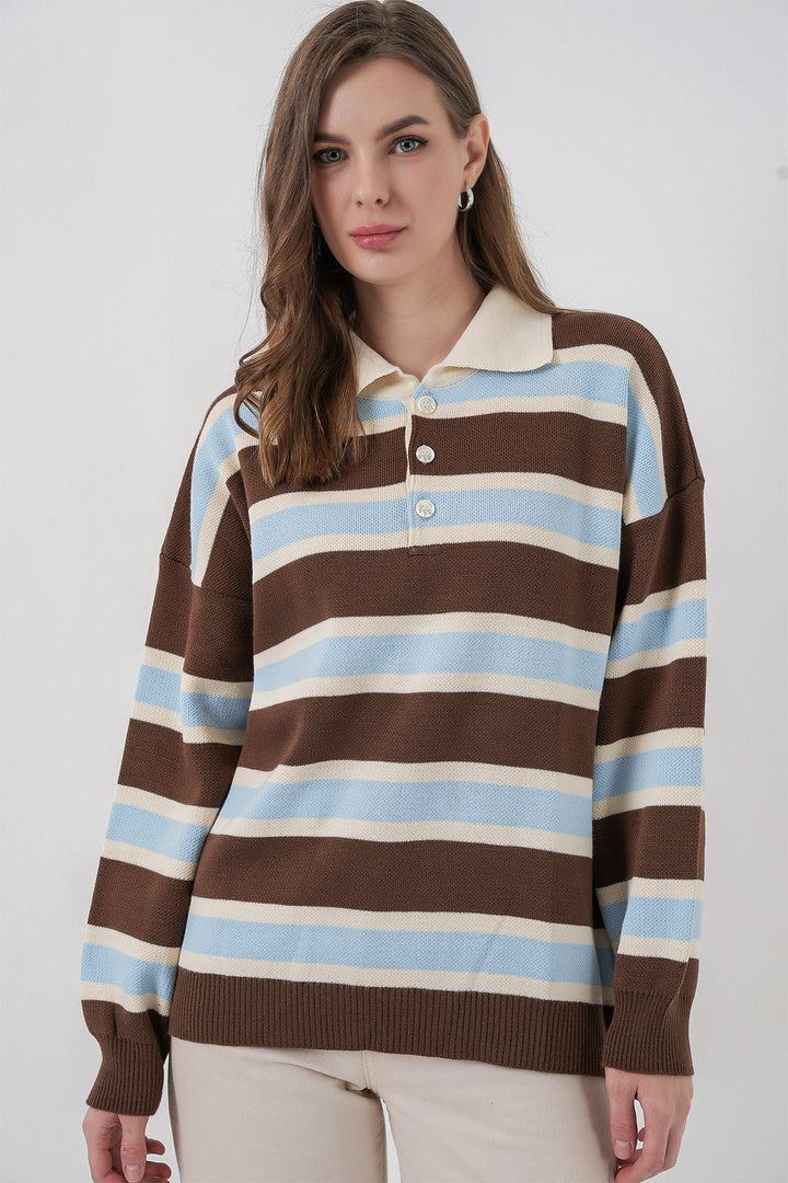BGD Women Kadın Çizgili Polo Yaka Triko Kazak 15952 - Mavi - Gulfport