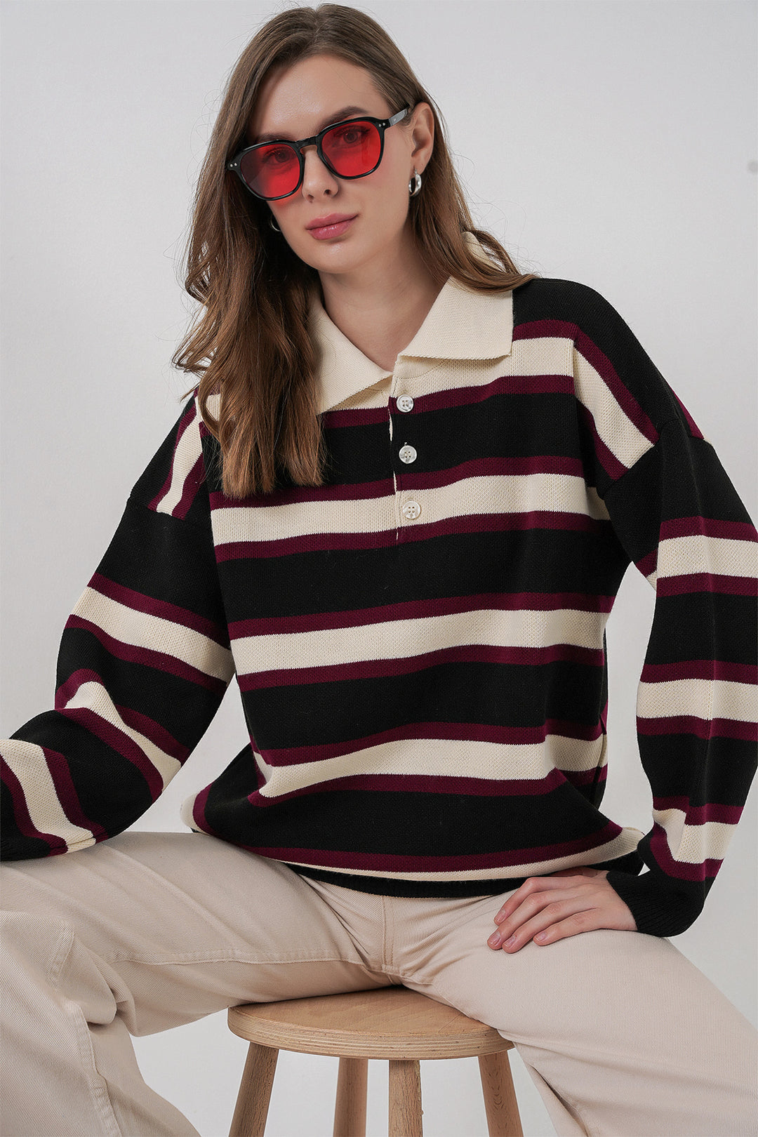 BGD Women Kadın Çizgili Polo Yaka Triko Kazak 15952 - Siyah - Paderborn