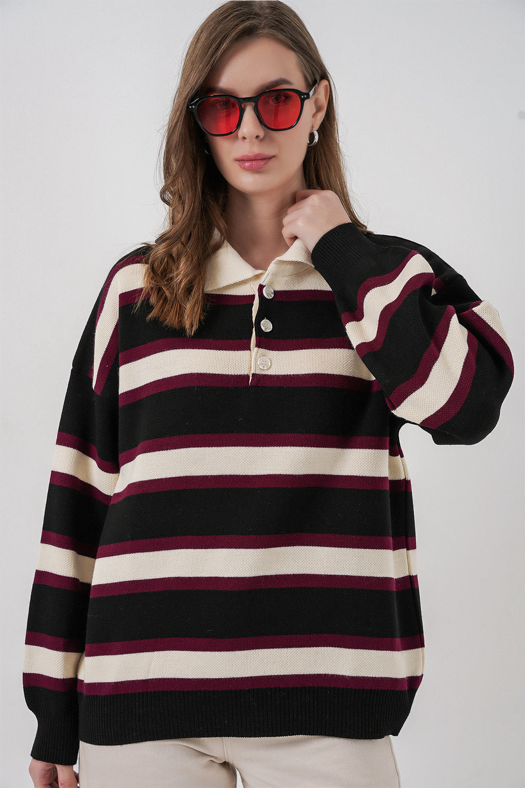 BGD Women Kadın Çizgili Polo Yaka Triko Kazak 15952 - Siyah - Paderborn