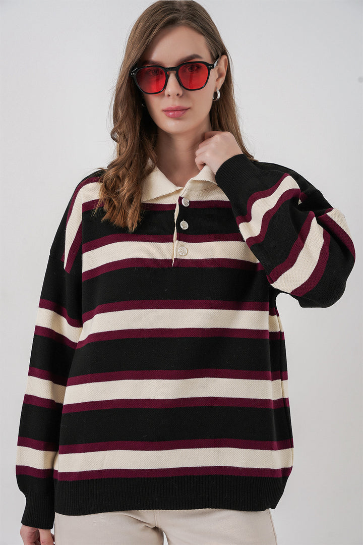 BGD Women Kadın Çizgili Polo Yaka Triko Kazak 15952 - Siyah - Paderborn