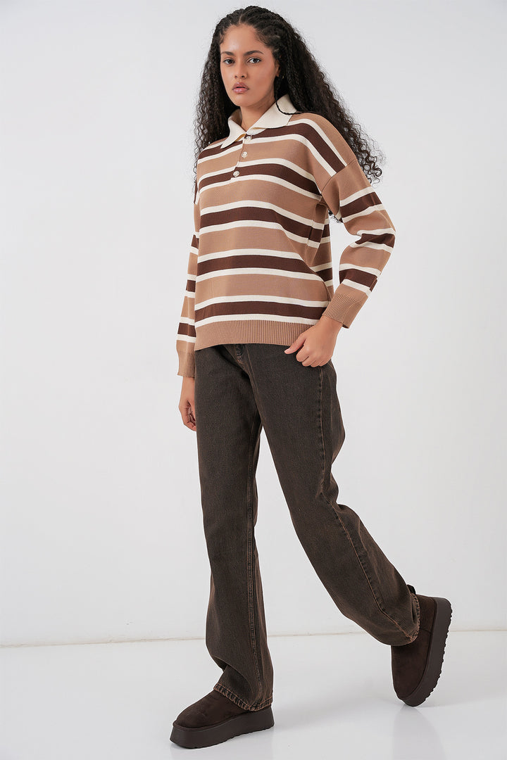 BGD Women Kadın Çizgili Polo Yaka Triko Kazak 15952 - Vizon - Maidenhead