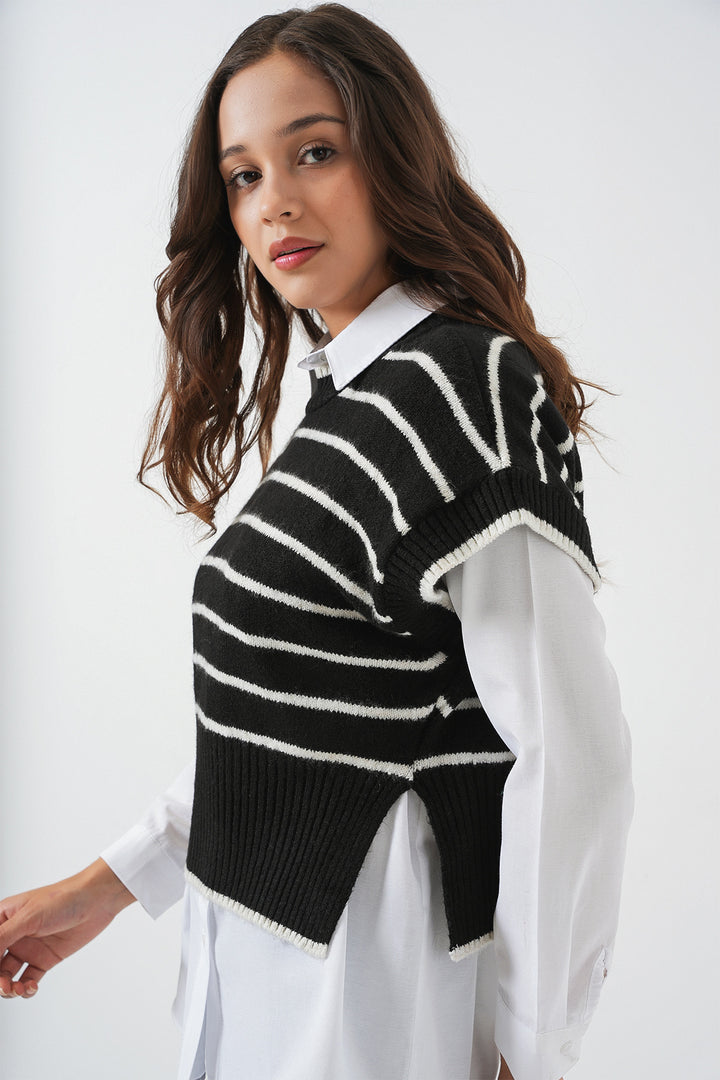 BGD Women Woman Striped Knit Sweater 15926 - Black - Seevetal