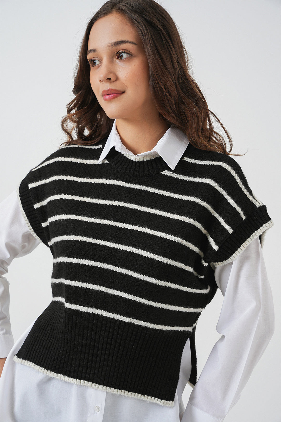 BGD Women Woman Striped Knit Sweater 15926 - Black - Seevetal