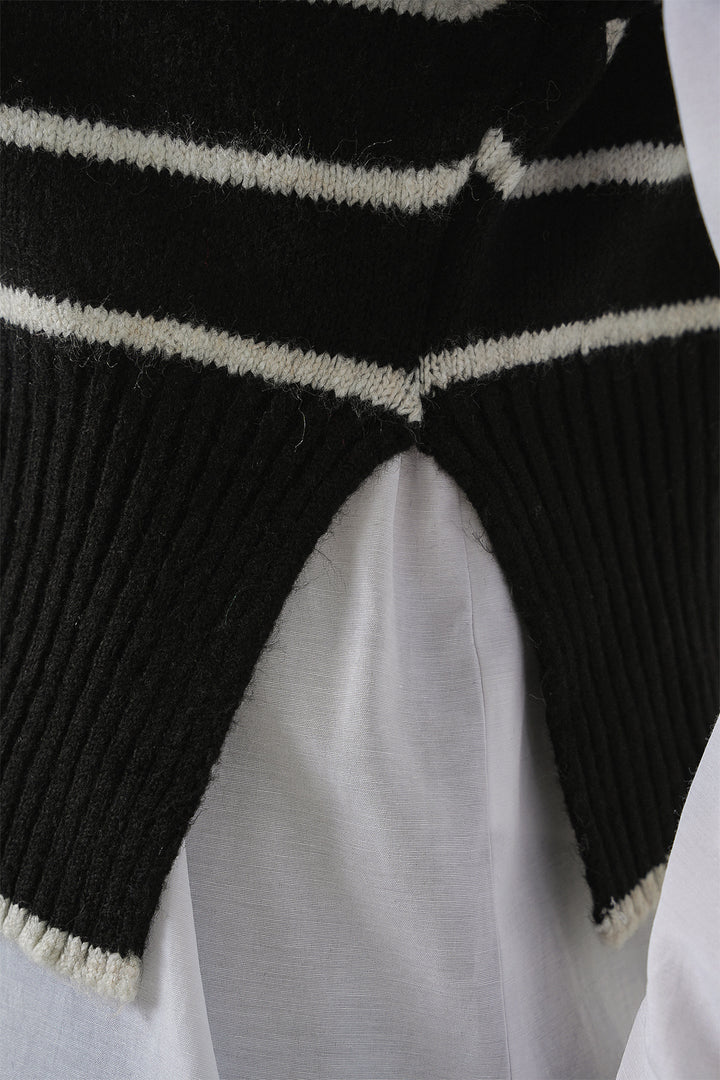 BGD Women Woman Striped Knit Sweater 15926 - Black - Seevetal