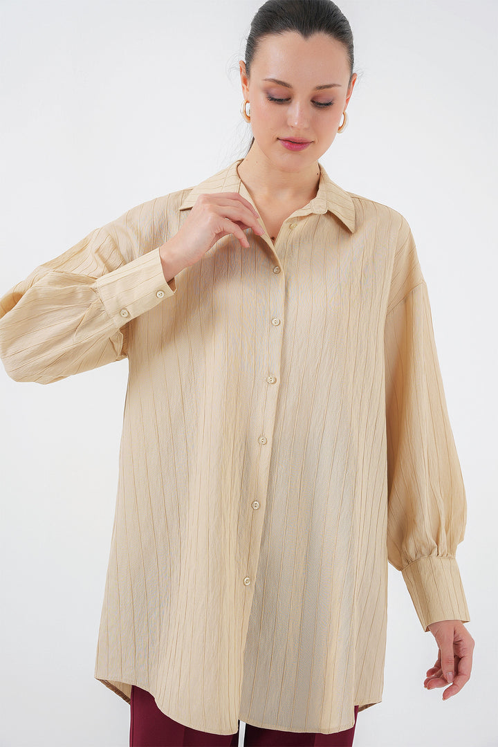 BGD Women Woman Striped Long Shirt Tunic 5963 - Beige - Arles
