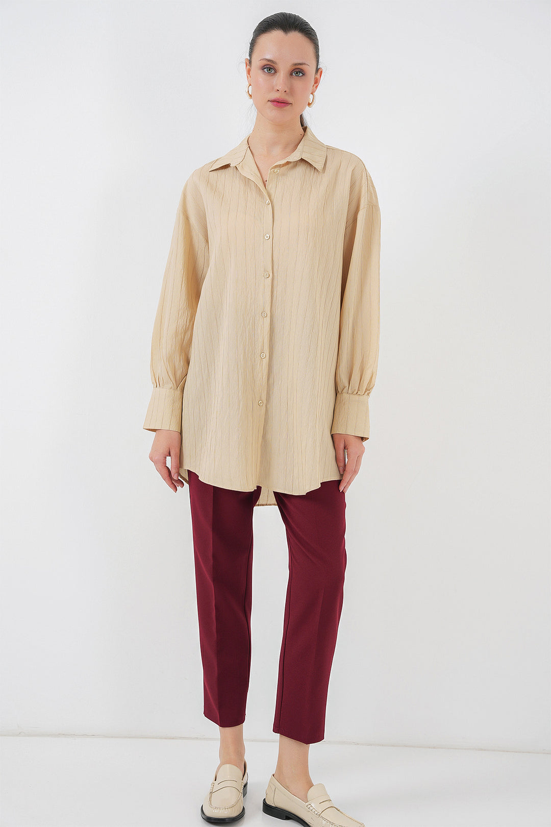 BGD Women Woman Striped Long Shirt Tunic 5963 - Beige - Arles