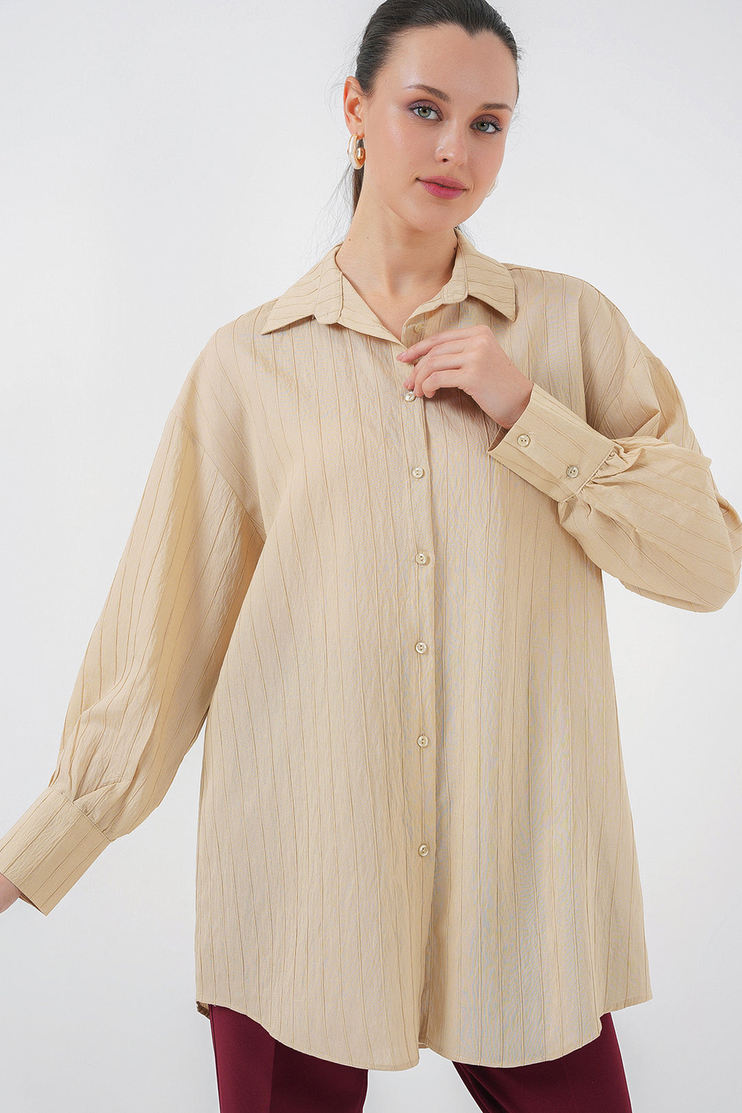BGD Women Woman Striped Long Shirt Tunic 5963 - Beige - Arles