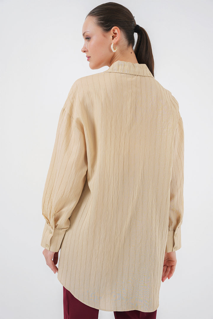 BGD Women Woman Striped Long Shirt Tunic 5963 - Beige - Arles