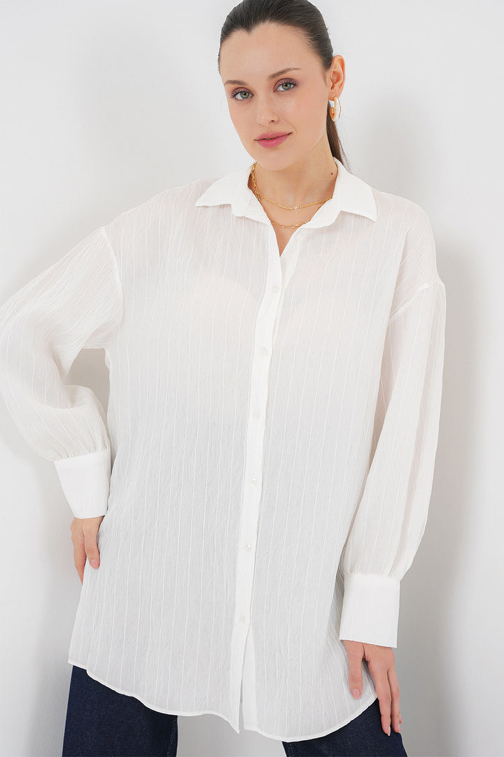 BGD Women Woman Striped Long Shirt Tunic 5963 - White - Pembroke Pines