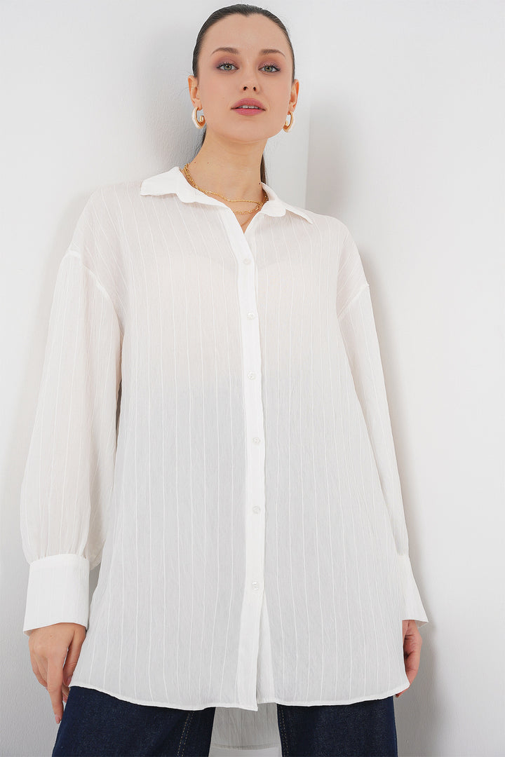 BGD Women Woman Striped Long Shirt Tunic 5963 - White - Pembroke Pines