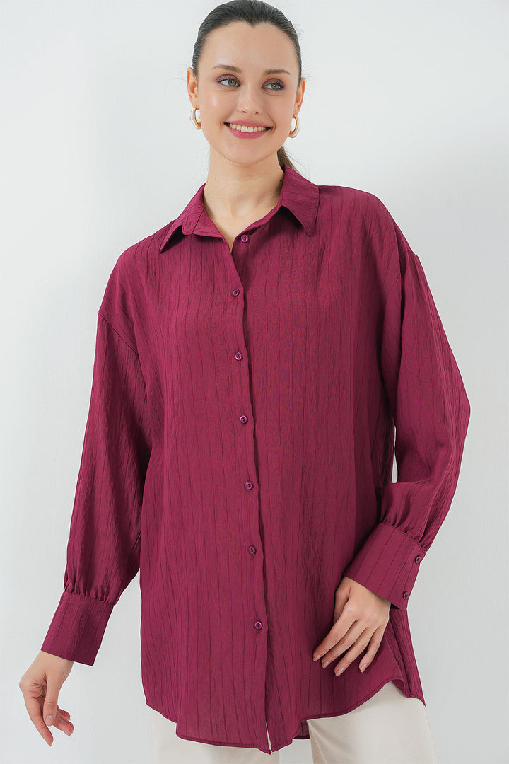 BGD Women Women's Striped Long Shirt Tunic 5963 - Burgundy - Medford