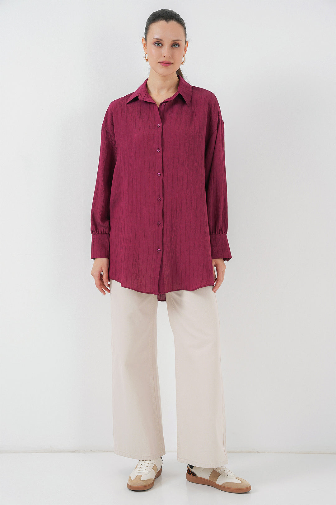 BGD Women Women's Striped Long Shirt Tunic 5963 - Burgundy - Medford