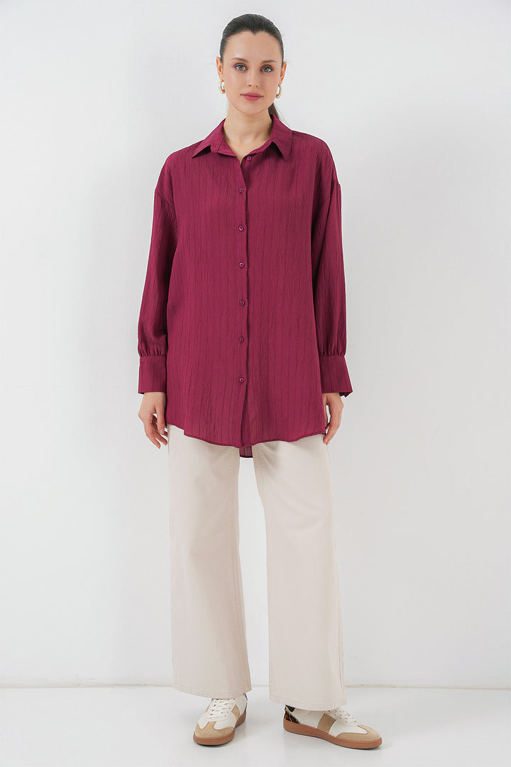 BGD Women Women's Striped Long Shirt Tunic 5963 - Burgundy - Medford