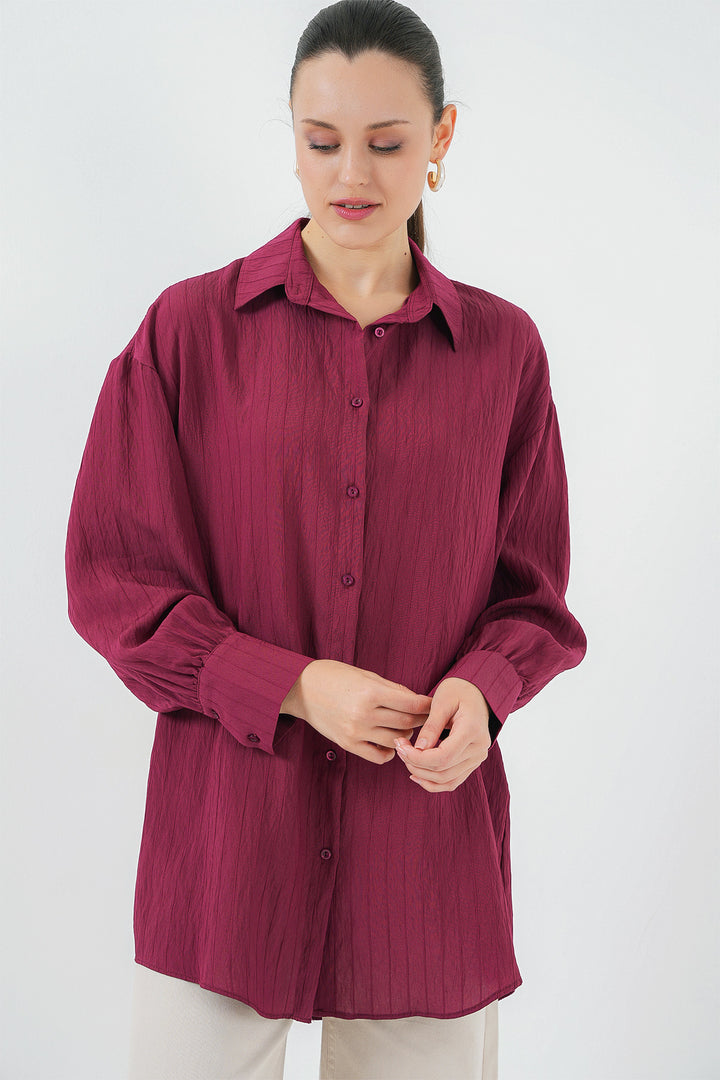 BGD Women Women's Striped Long Shirt Tunic 5963 - Burgundy - Medford