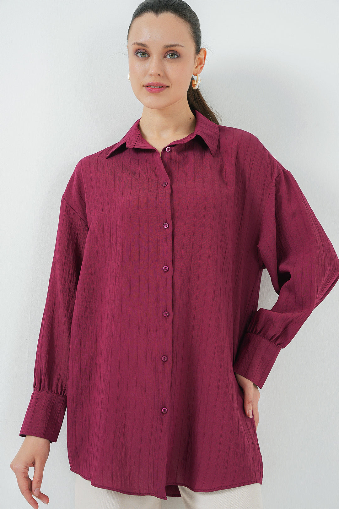BGD Women Women's Striped Long Shirt Tunic 5963 - Burgundy - Medford