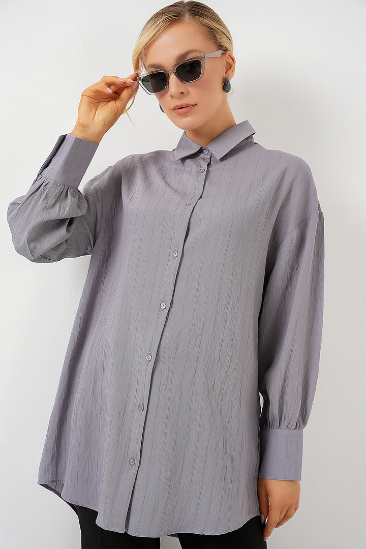 BGD Women Woman Striped Long Shirt Tunic 5963 - Gray - Lynn
