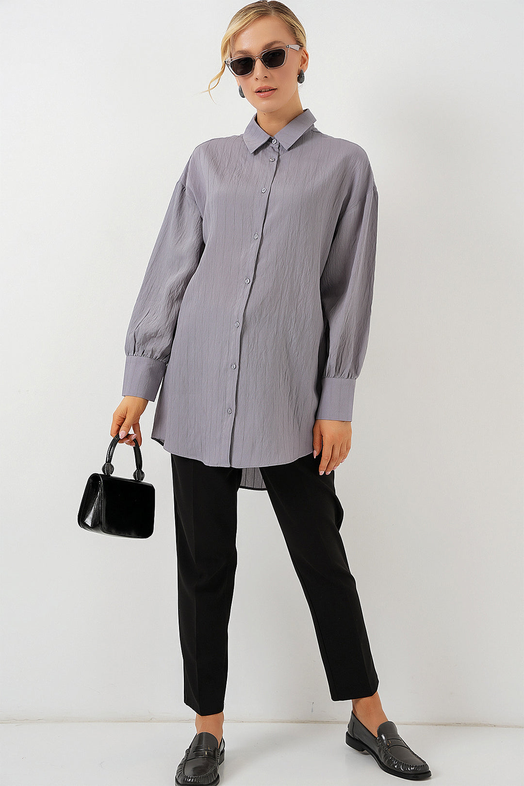 BGD Women Woman Striped Long Shirt Tunic 5963 - Gray - Lynn