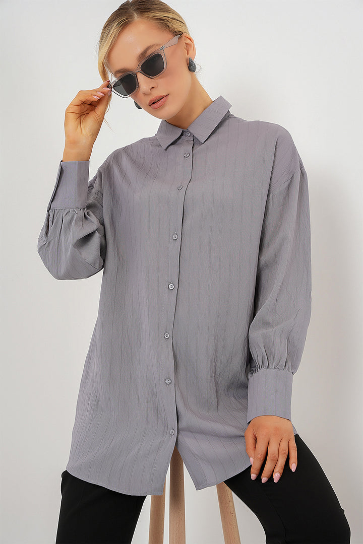 BGD Women Woman Striped Long Shirt Tunic 5963 - Gray - Lynn