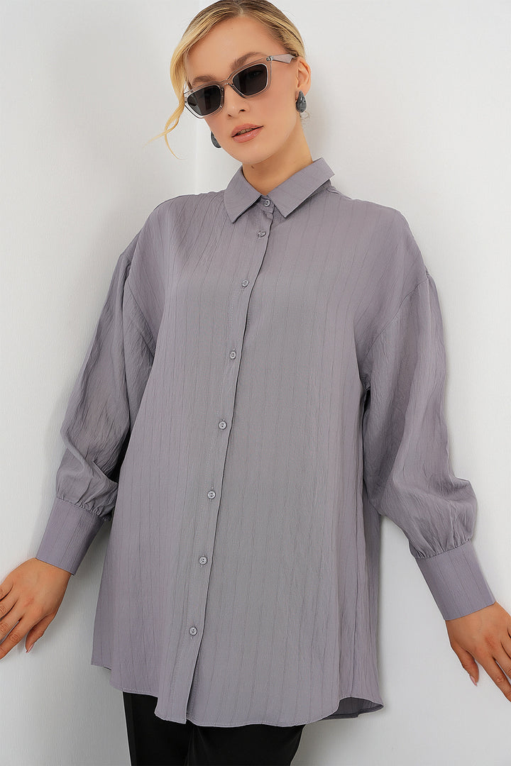 BGD Women Woman Striped Long Shirt Tunic 5963 - Gray - Lynn