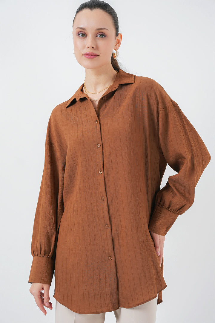 BGD Women Woman Striped Long Shirt Tunic 5963 - Brown - Rowland Heights