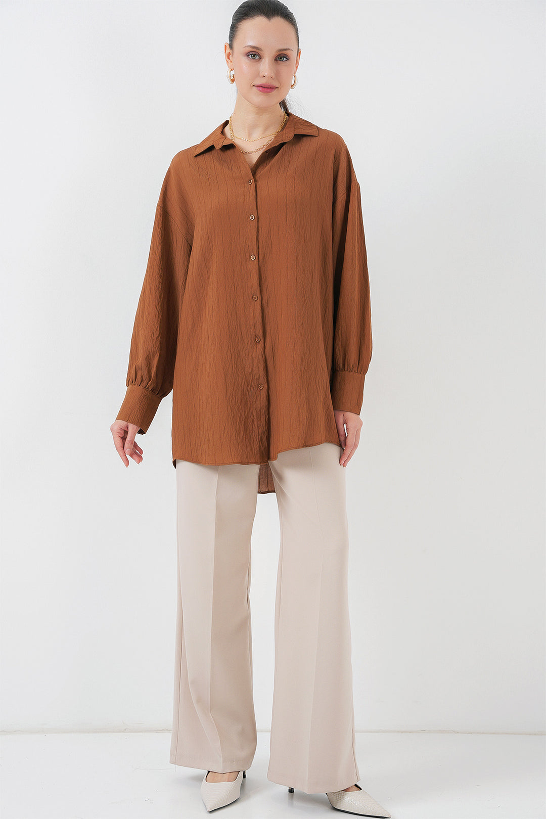BGD Women Woman Striped Long Shirt Tunic 5963 - Brown - Rowland Heights