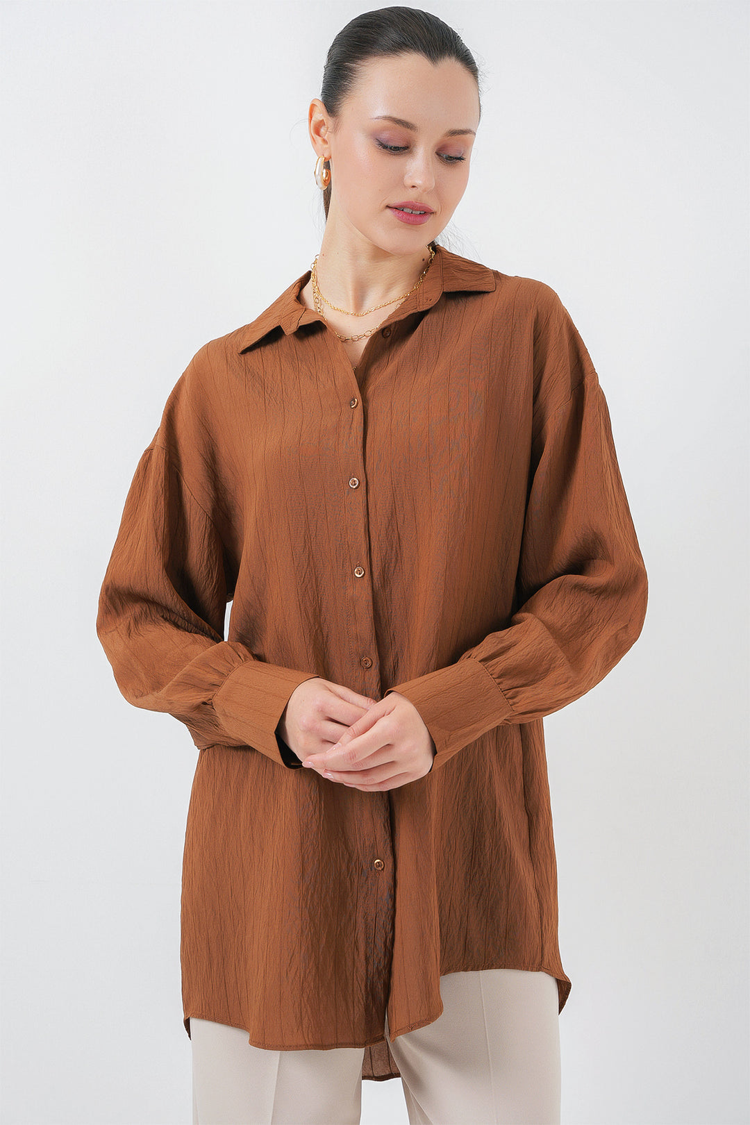 BGD Women Woman Striped Long Shirt Tunic 5963 - Brown - Rowland Heights
