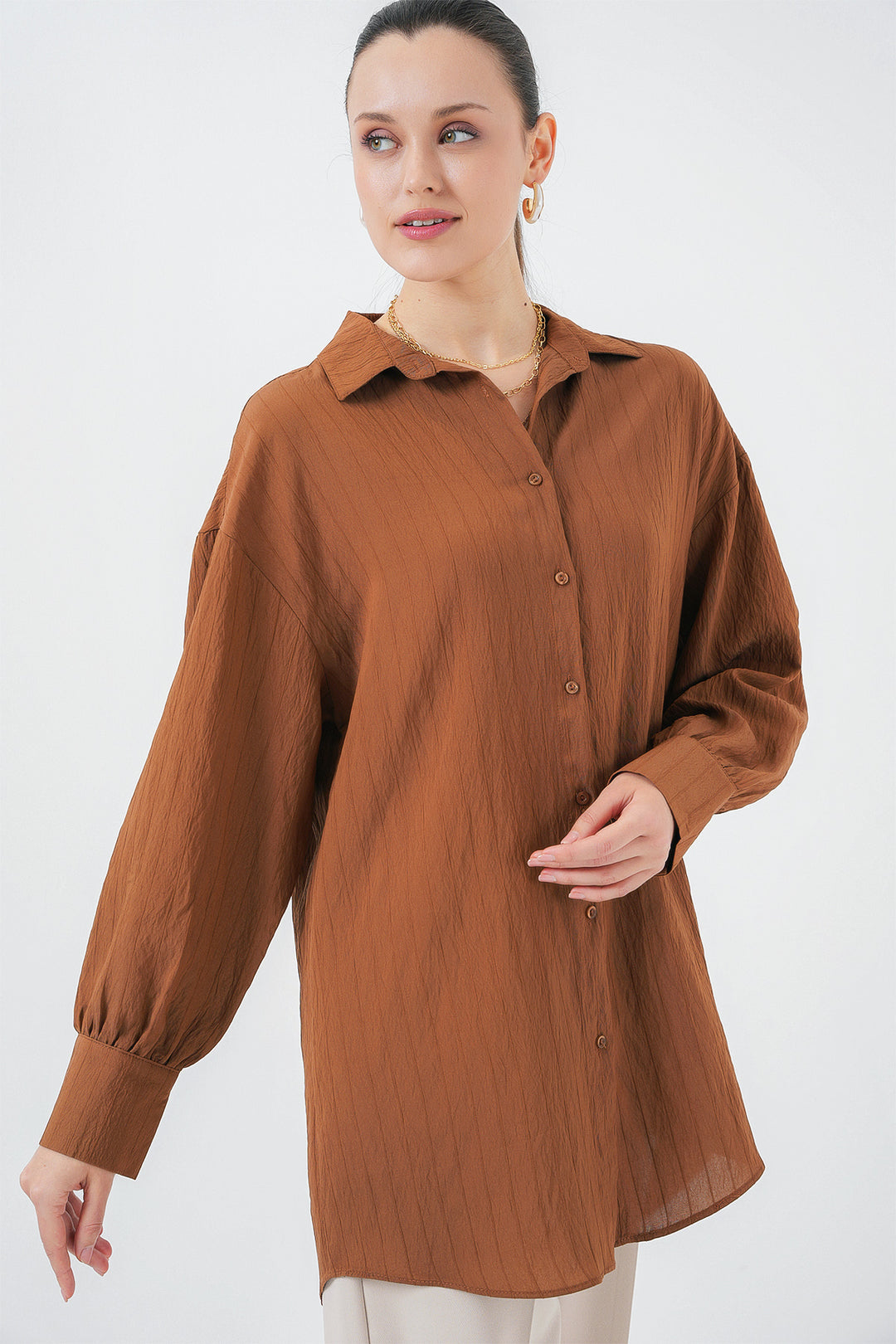 BGD Women Woman Striped Long Shirt Tunic 5963 - Brown - Rowland Heights