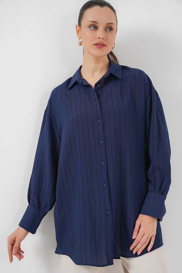 BGD Women Woman Striped Long Shirt Tunic 5963 - Navy Blue - Beauvais